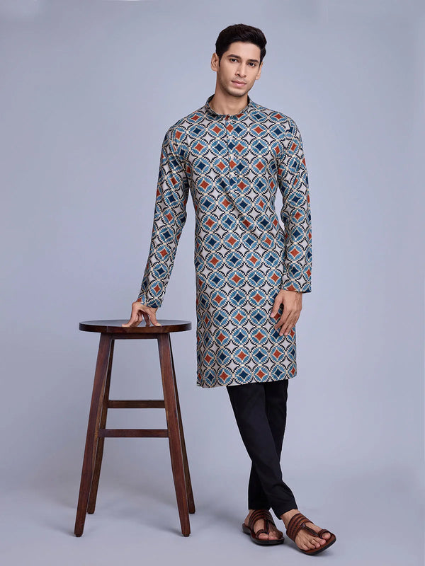 Sky Blue Rayon Foil Printed Men's kurta For Every Occasion