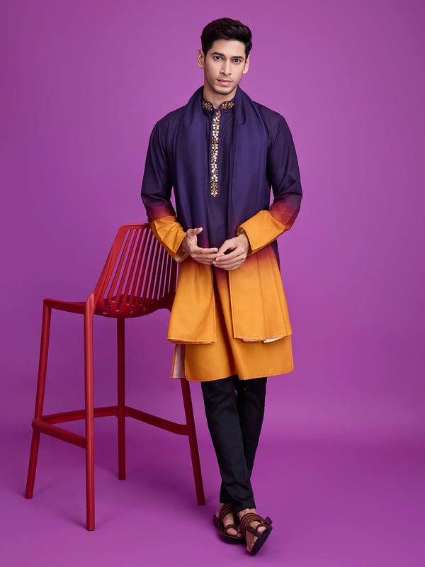 Purple & Mustard Rayon Men's kurta with Mirror Work For Every Occasion