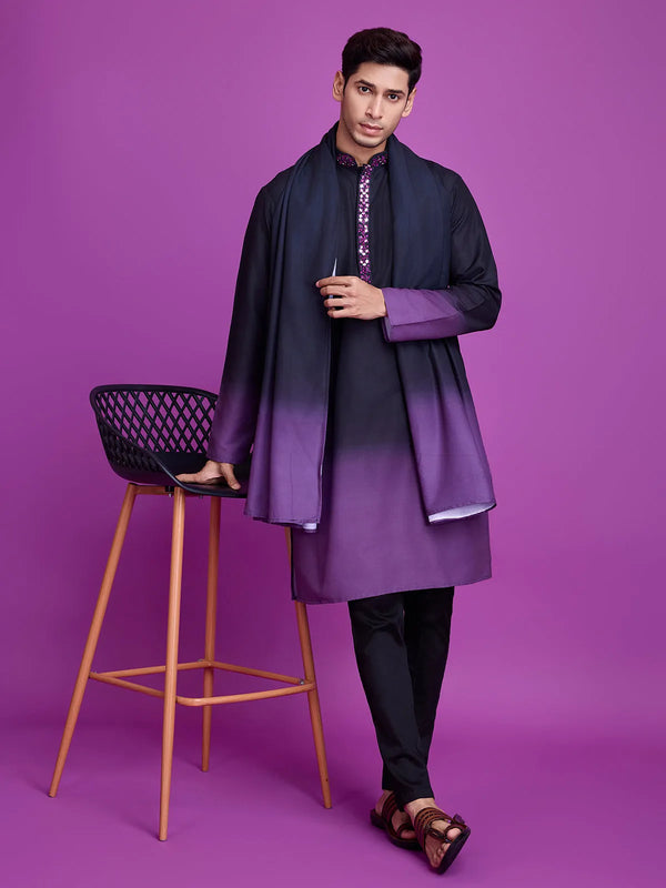 Black & Dusty Purple Rayon Men's kurta with Mirror Work For Every Occasion