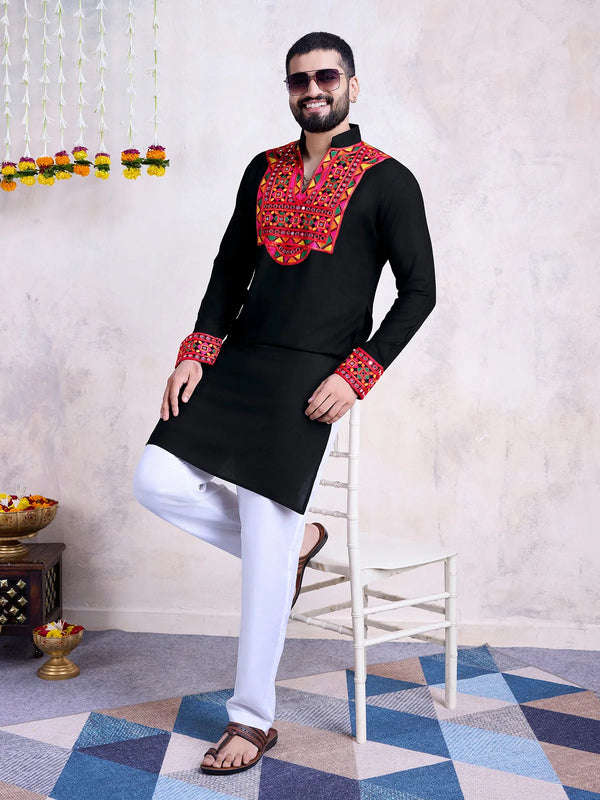 Black Rayon Men's Navratri kurta with Embroidery And Mirror Work