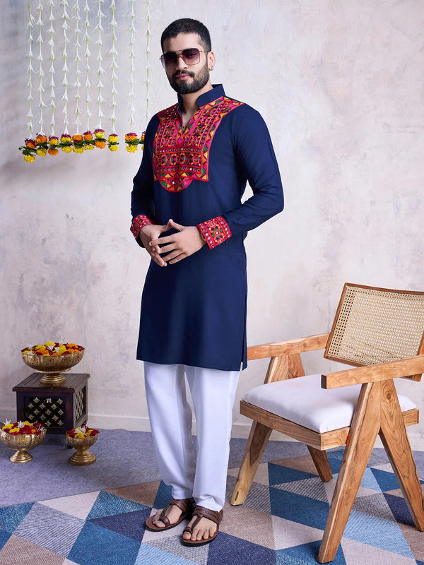 Navy Rayon Men's Navratri kurta with Embroidery And Mirror Work