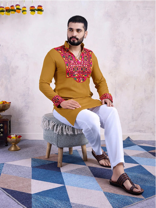 Yellow Rayon Men's Navratri kurta with Embroidery And Mirror Work