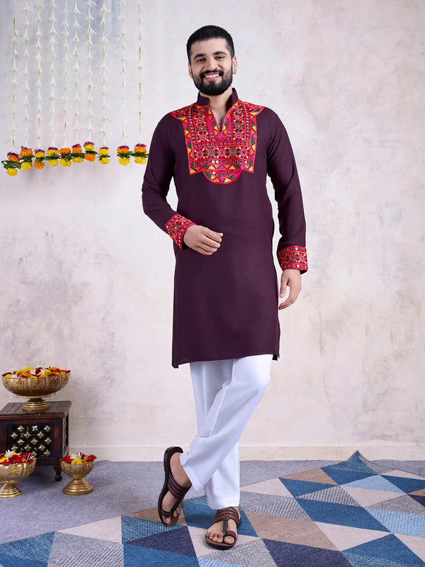 Purple Rayon Men's Navratri kurta with Embroidery And Mirror Work