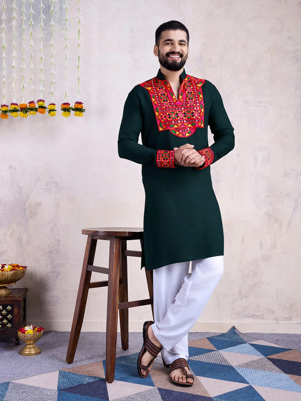 Green Rayon Men's Navratri kurta with Embroidery And Mirror Work