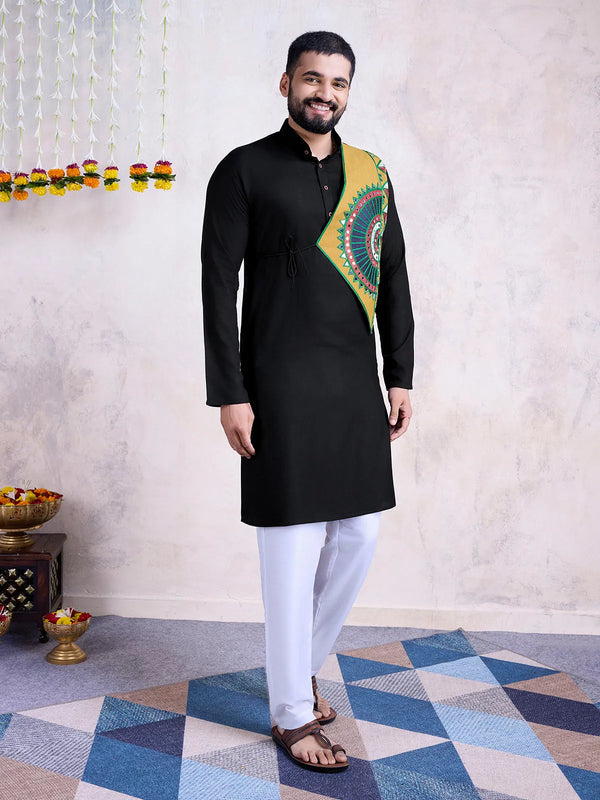 Black Embroidered Men's Navratri kurta with Real Mirror Work