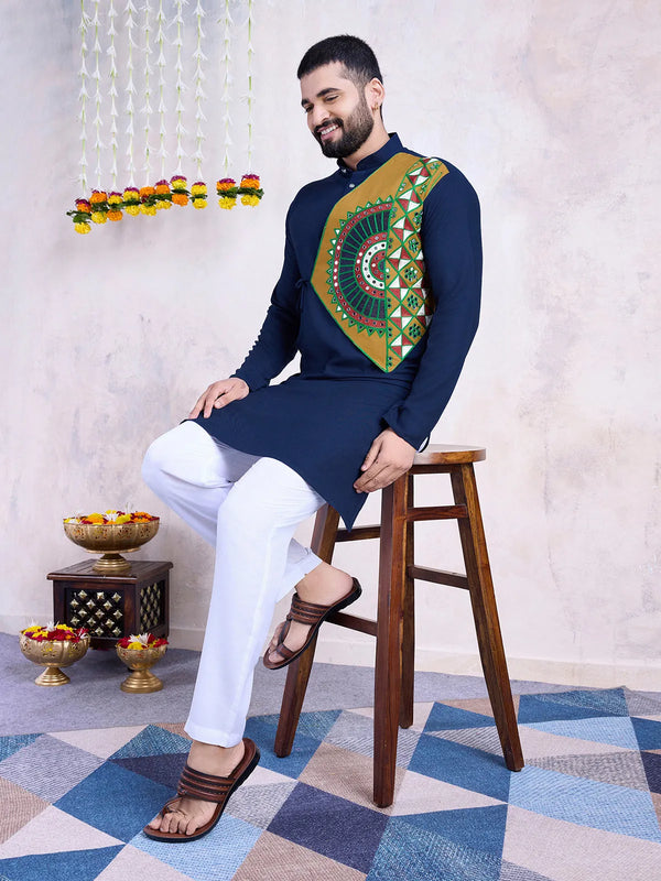 Navy Embroidered Men's Navratri kurta with Real Mirror Work