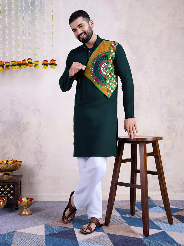 Green Embroidered Men's Navratri kurta with Real Mirror Work