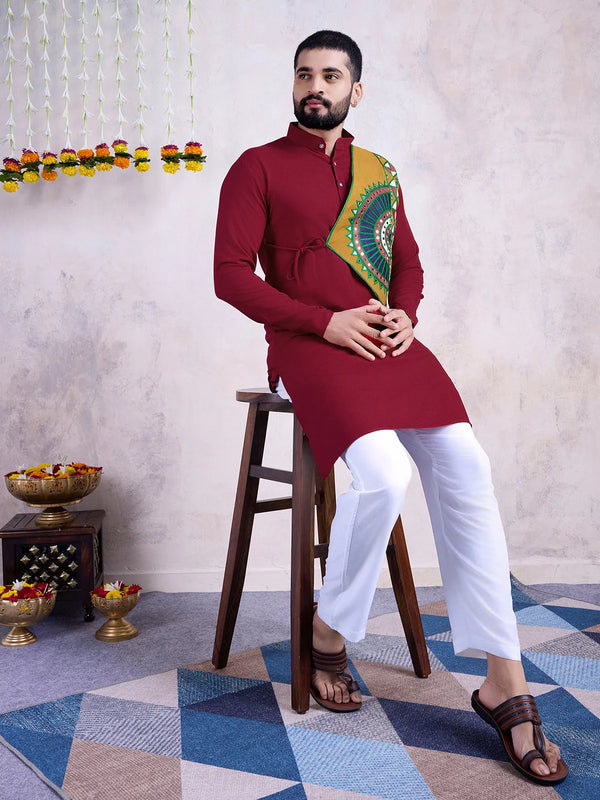 Maroon Embroidered Men's Navratri kurta with Real Mirror Work