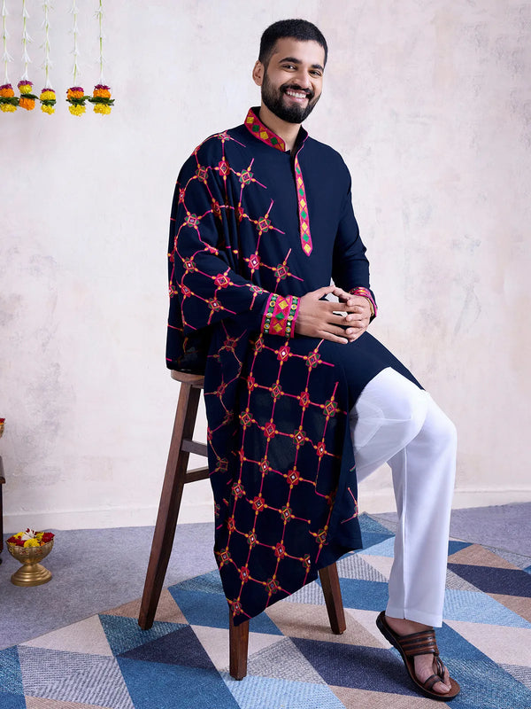 Navy Embroidered Designer Men's Navratri kurta