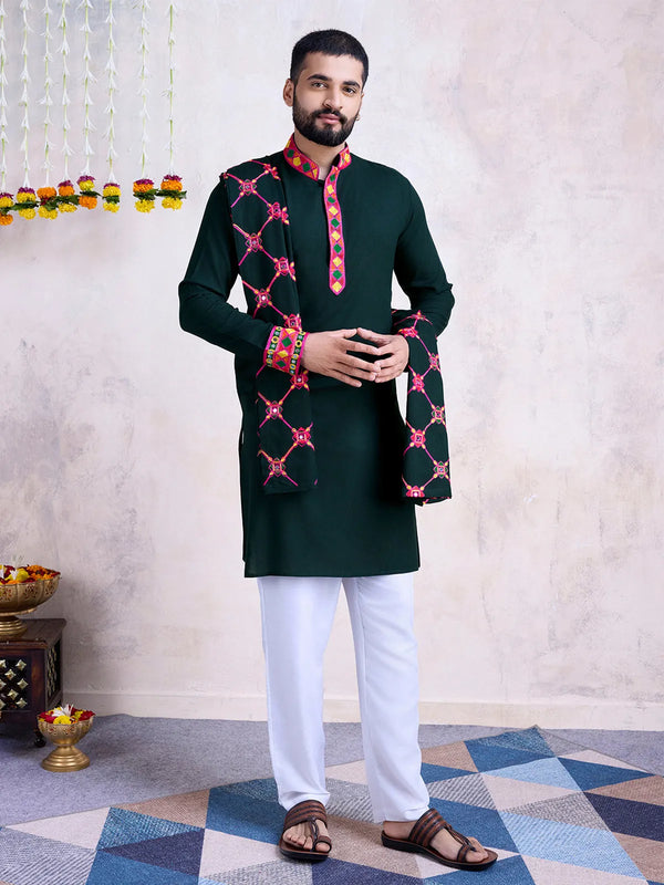 Green Embroidered Designer Men's Navratri kurta