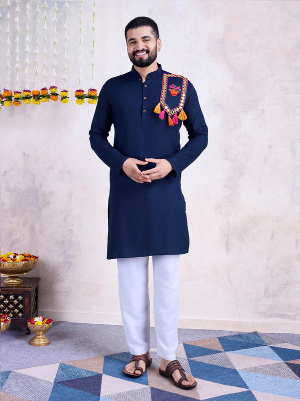 Men's Navy Rayon Navratri Traditional kurta with  Embroidered Real Mirror Work