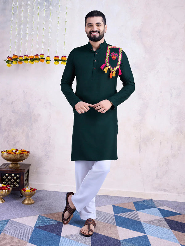 Men's Green Rayon Navratri Traditional kurta with  Embroidered Real Mirror Work