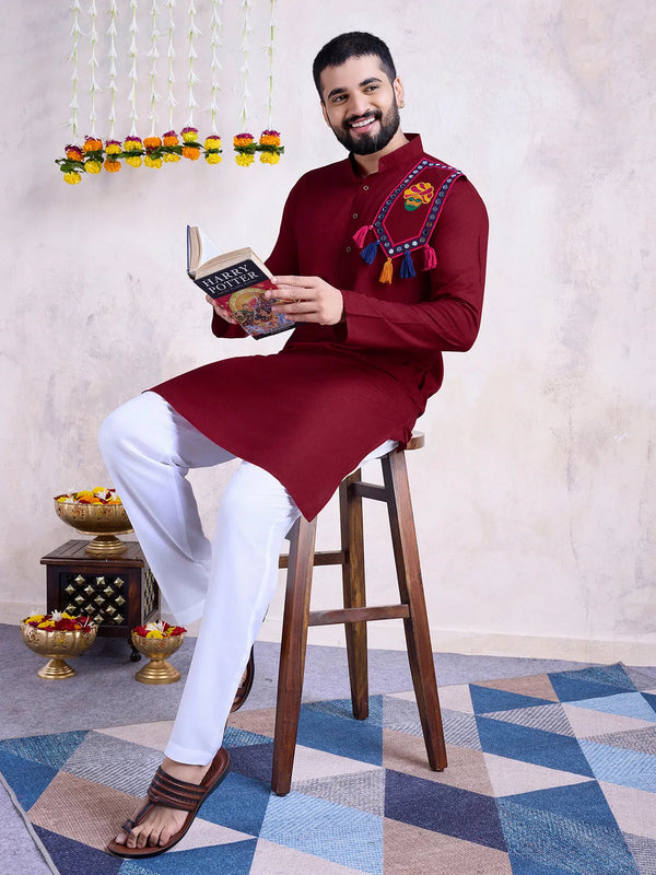 Men's Maroon Rayon Navratri Traditional kurta with  Embroidered Real Mirror Work