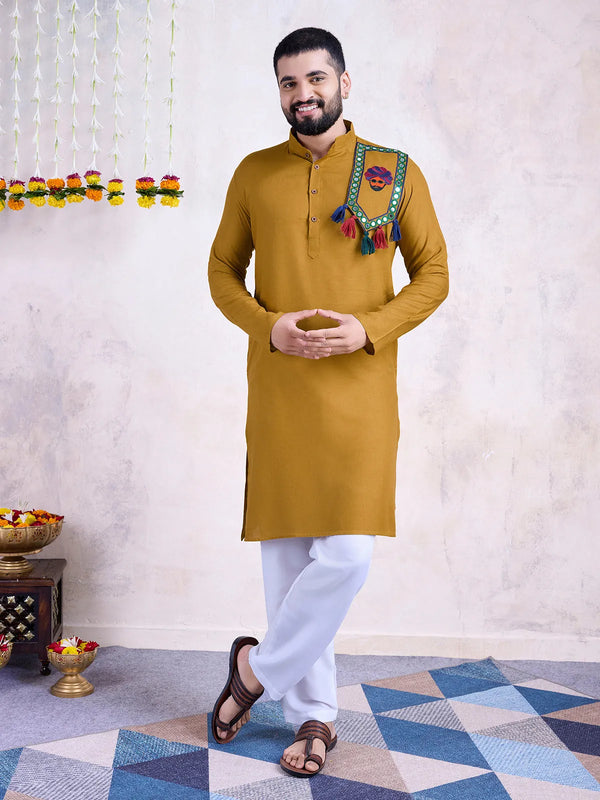 Men's Yellow Maroon Rayon Navratri Traditional kurta with Embroidered Real Mirror Work