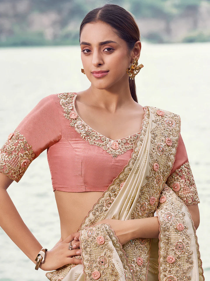Chiku Satin Silk Saree with Heavy Embroidery and Baby Pink Tissue ...
