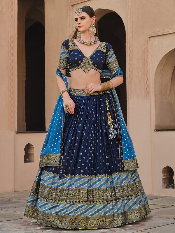 Navy Blue Smooth Silk Foil Print Sangeet Lehenga