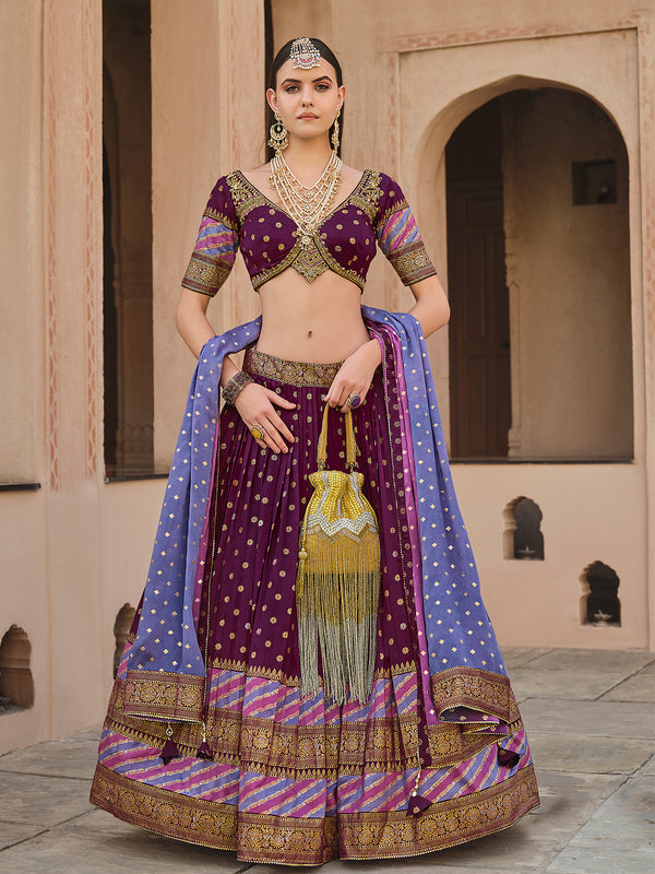 Traditional Wine Smooth Silk Foil Print Sangeet Lehenga