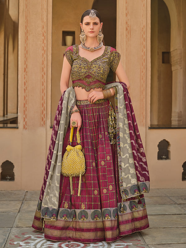 Maroon Designer Smooth Silk Foil Print Sangeet Lehenga