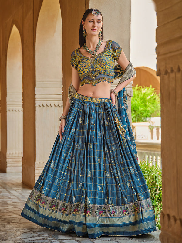 Teal Blue Designer Smooth Silk Foil Print Sangeet Lehenga