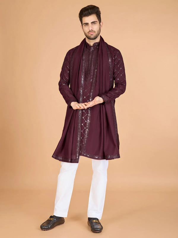 Maroon Viscose Silk Men's Kurta with Thread Work