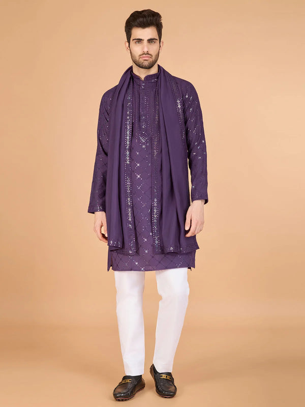 Dusty Purple Viscose Silk Men's Kurta with Thread Work