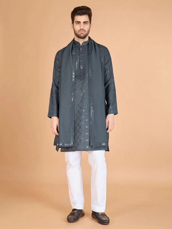 Grey Viscose Silk Men's Kurta with Thread Work