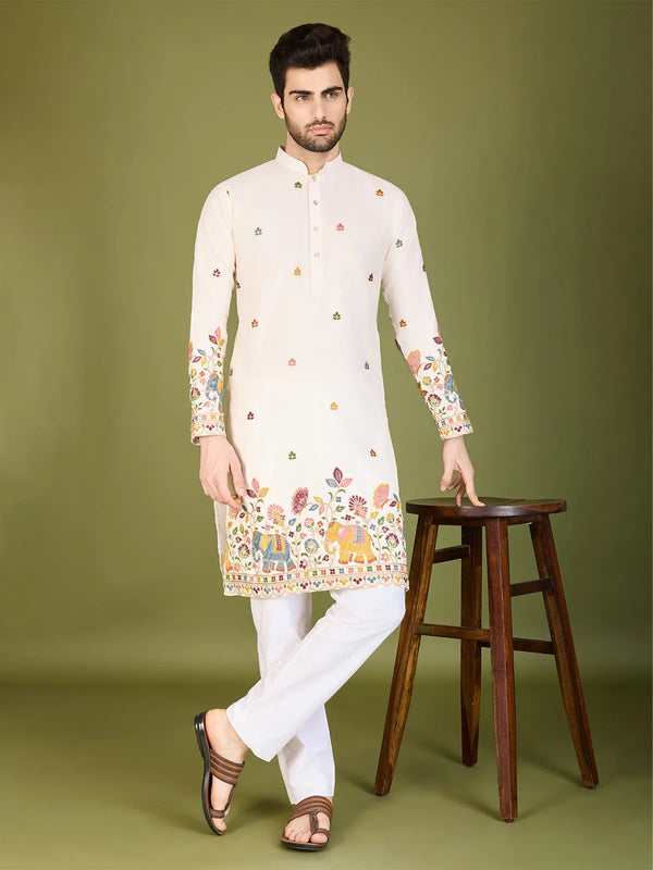 White Cotton Men's Ethnic Kurta with Embroidery