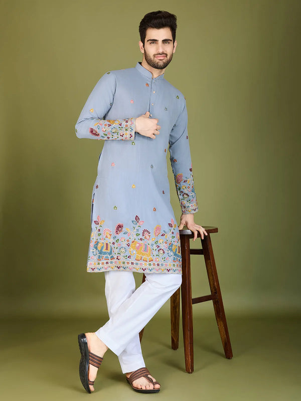 Kurta Fabric - Cotton
Work - Thread &amp; Sequence Embroidery Work
Kurta Color - Sky
Style - Men's Ethnic Kurta&nbsp;