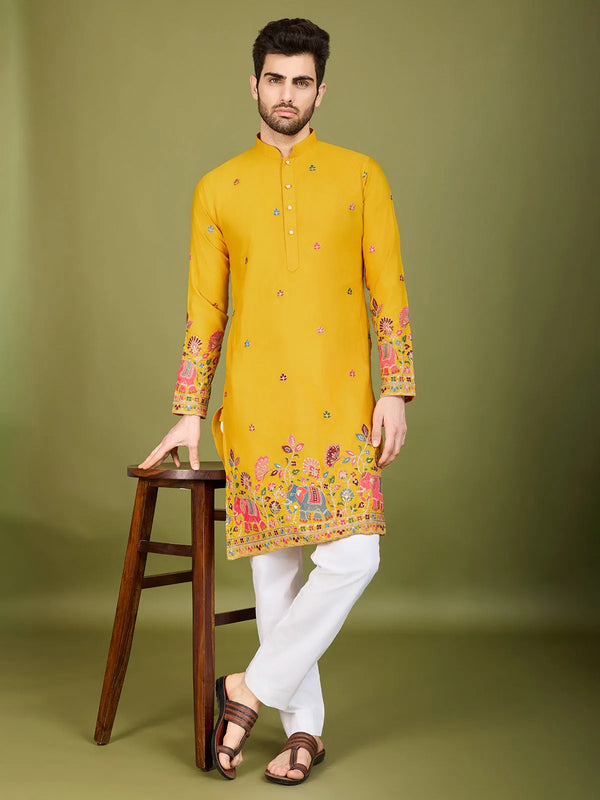 Kurta Fabric - Cotton
Work - Thread &amp; Sequence Embroidery Work
Kurta Color - Yellow
Style - Men's Ethnic Kurta&nbsp;