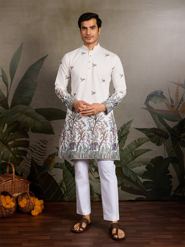Men’s White Viscose Silk Kurta with Thread and Sequin Embroidery – Festive & Wedding Wear