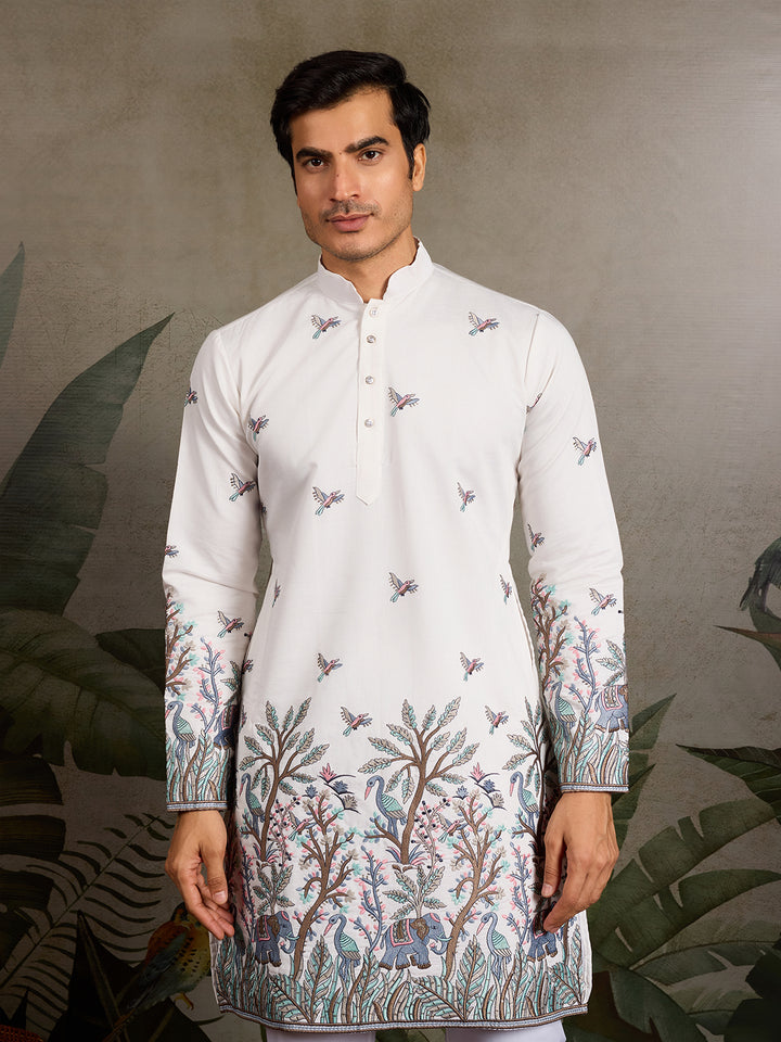 Men’s White Viscose Silk Kurta with Thread and Sequin Embroidery – Festive & Wedding Wear
