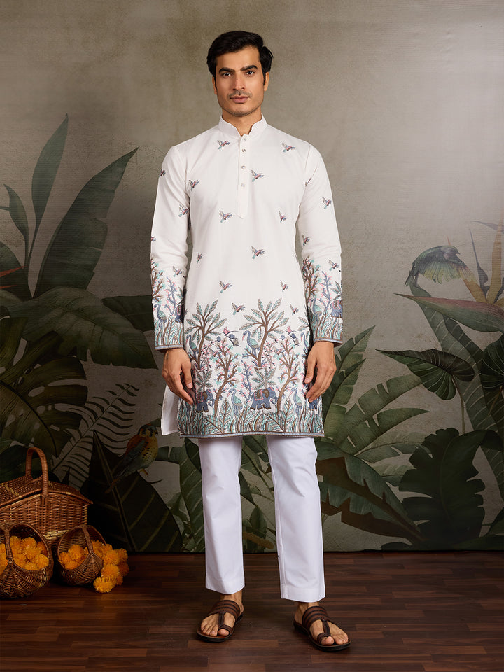 Men’s White Viscose Silk Kurta with Thread and Sequin Embroidery – Festive & Wedding Wear