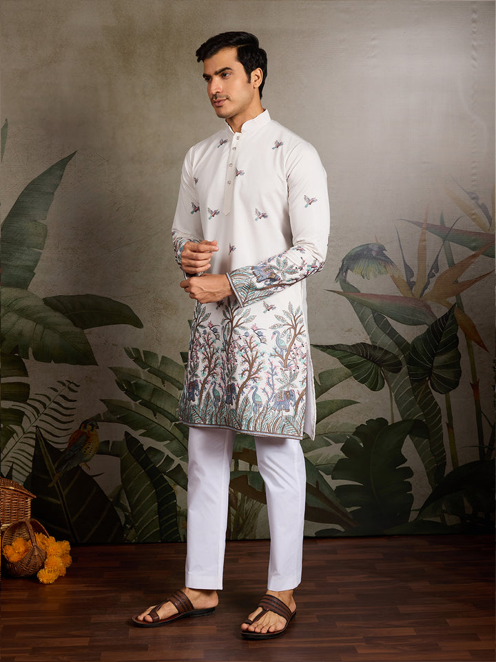 Men’s White Viscose Silk Kurta with Thread and Sequin Embroidery – Festive & Wedding Wear