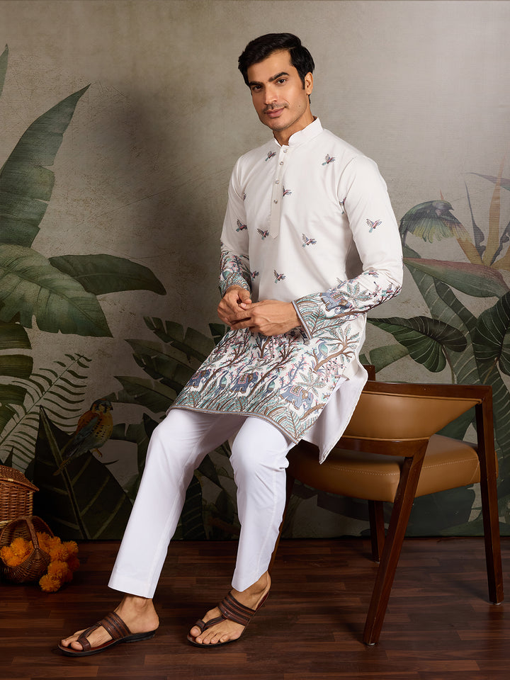 Men’s White Viscose Silk Kurta with Thread and Sequin Embroidery – Festive & Wedding Wear
