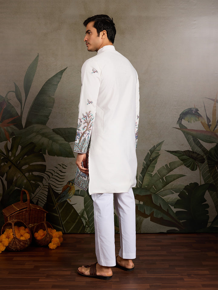 Men’s White Viscose Silk Kurta with Thread and Sequin Embroidery – Festive & Wedding Wear