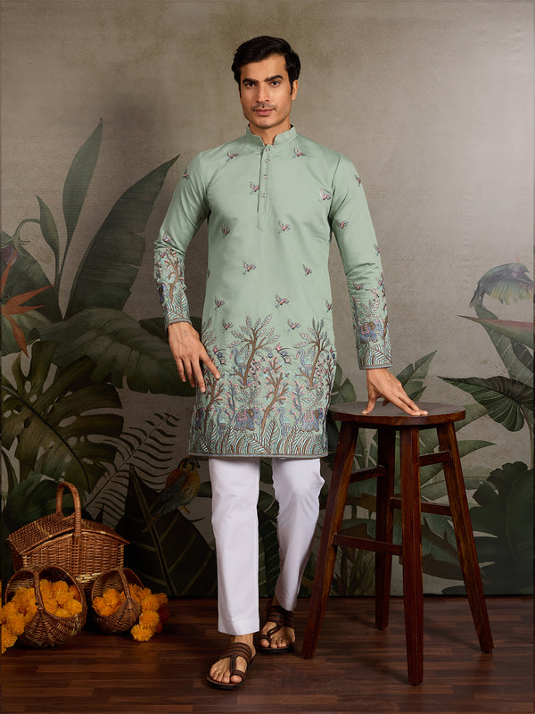 Pista Green Viscose Silk Men’s Kurta with Thread & Sequin Embroidery