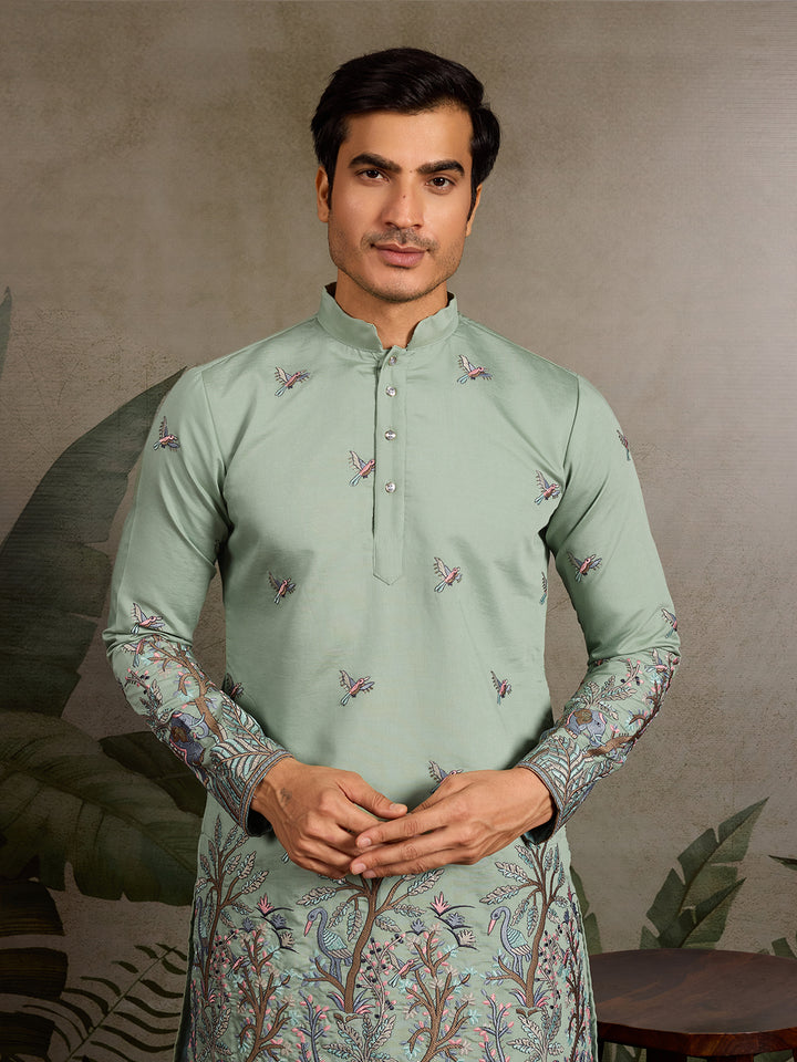 Pista Green Viscose Silk Men’s Kurta with Thread & Sequin Embroidery