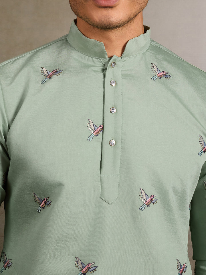 Pista Green Viscose Silk Men’s Kurta with Thread & Sequin Embroidery