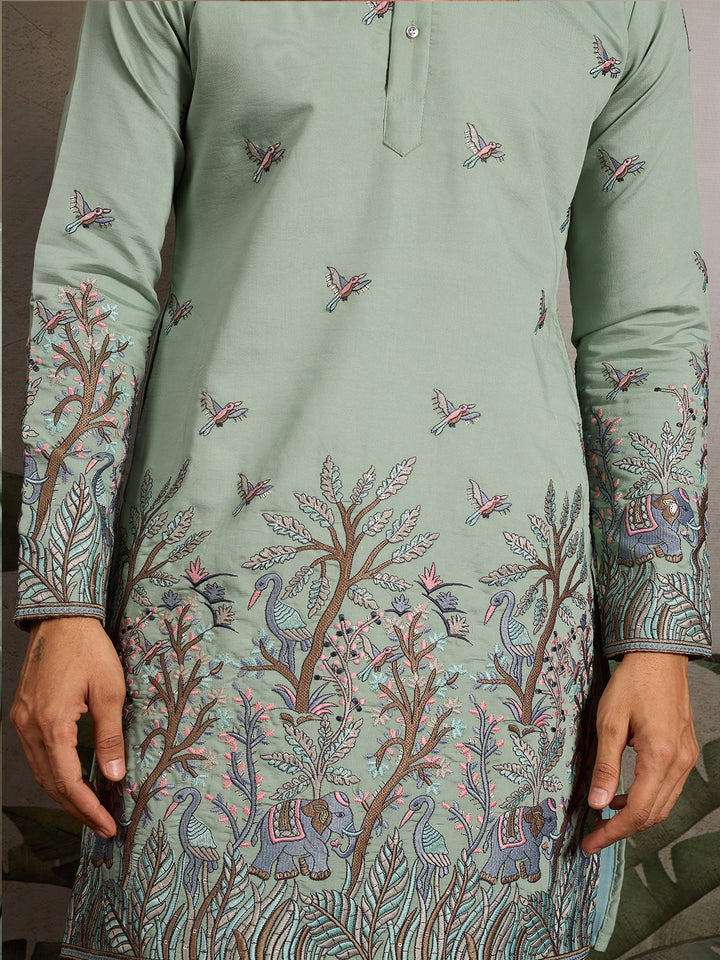 Pista Green Viscose Silk Men’s Kurta with Thread & Sequin Embroidery