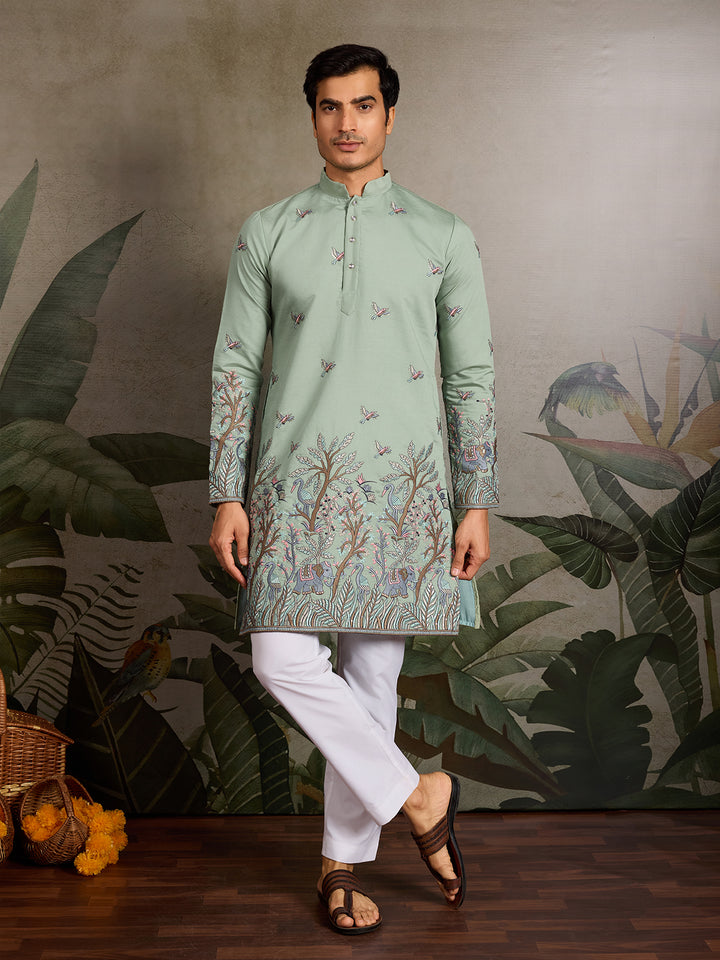 Pista Green Viscose Silk Men’s Kurta with Thread & Sequin Embroidery