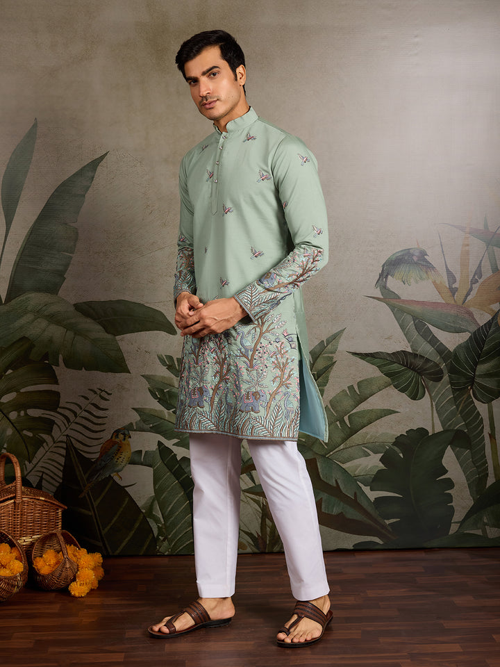 Pista Green Viscose Silk Men’s Kurta with Thread & Sequin Embroidery