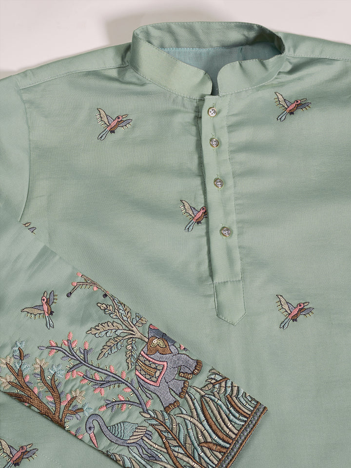 Pista Green Viscose Silk Men’s Kurta with Thread & Sequin Embroidery