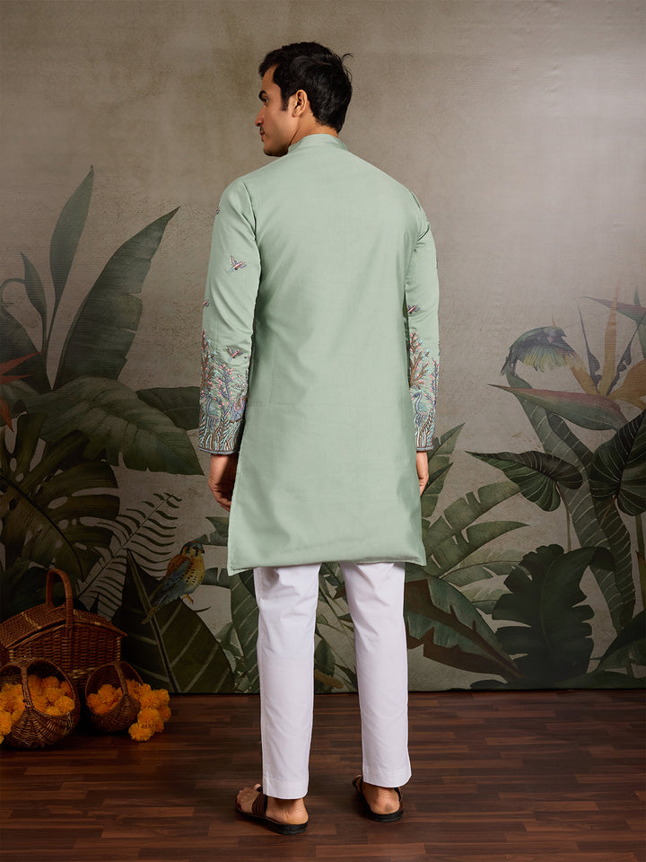 Pista Green Viscose Silk Men’s Kurta with Thread & Sequin Embroidery