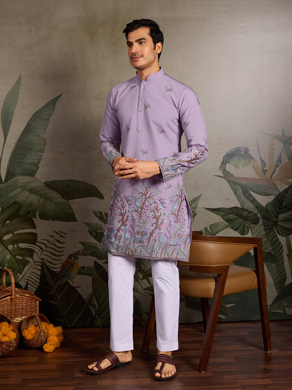 Men’s Lavender Viscose Silk Kurta with Thread & Sequin Embroidery