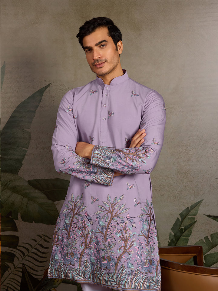 Men’s Lavender Viscose Silk Kurta with Thread & Sequin Embroidery