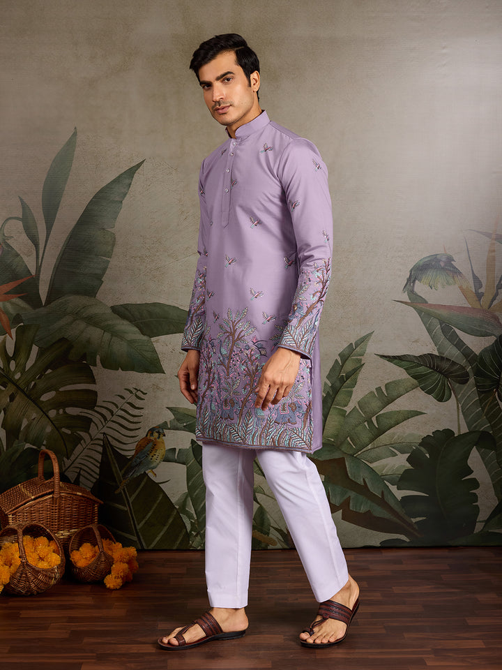Men’s Lavender Viscose Silk Kurta with Thread & Sequin Embroidery