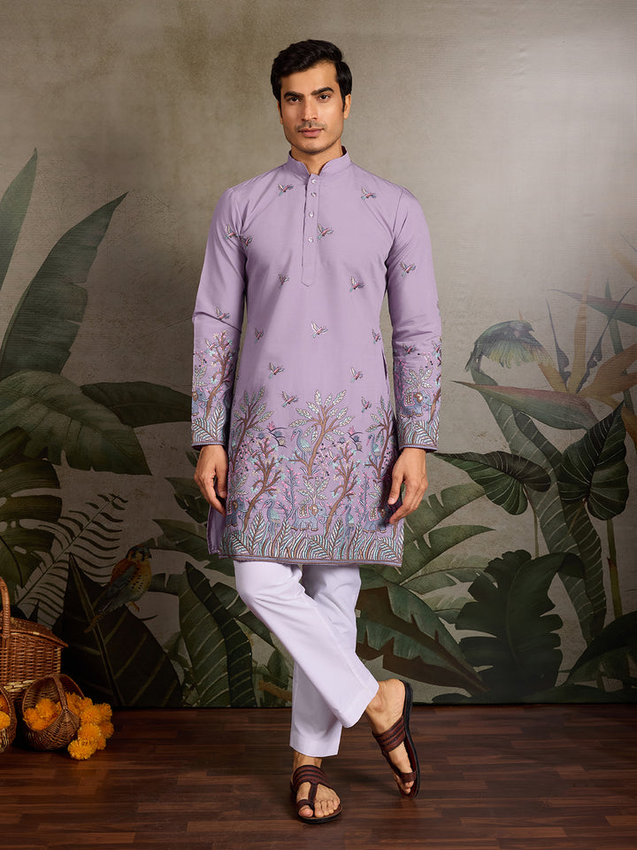 Men’s Lavender Viscose Silk Kurta with Thread & Sequin Embroidery