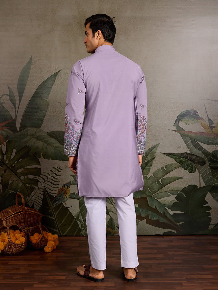 Men’s Lavender Viscose Silk Kurta with Thread & Sequin Embroidery