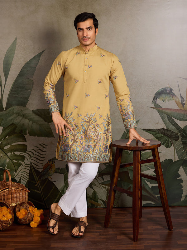 Yellow Viscose Silk Men’s Kurta with Thread and Sequin Embroidery – Festive & Wedding Wear