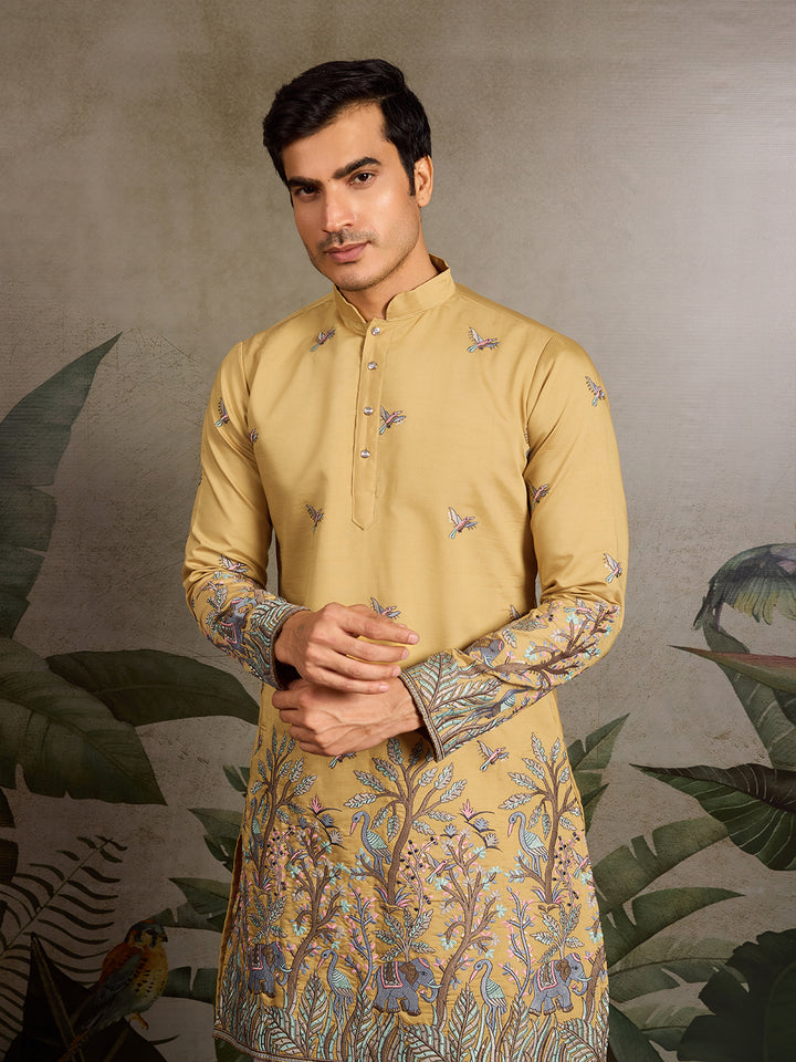 Yellow Viscose Silk Men’s Kurta with Thread and Sequin Embroidery – Festive & Wedding Wear